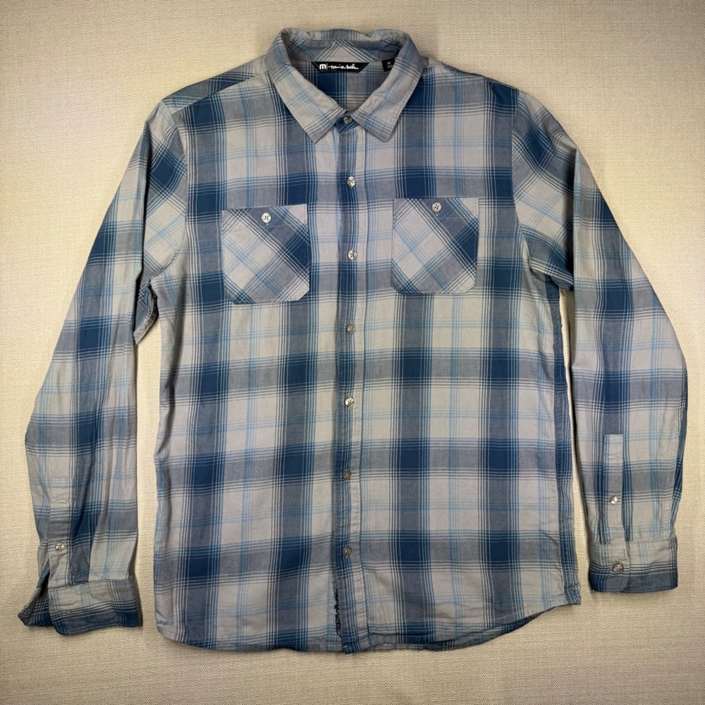 TravisMathew Mens Plaid Blue Grey Cotton Button Down Shirt Size Medium